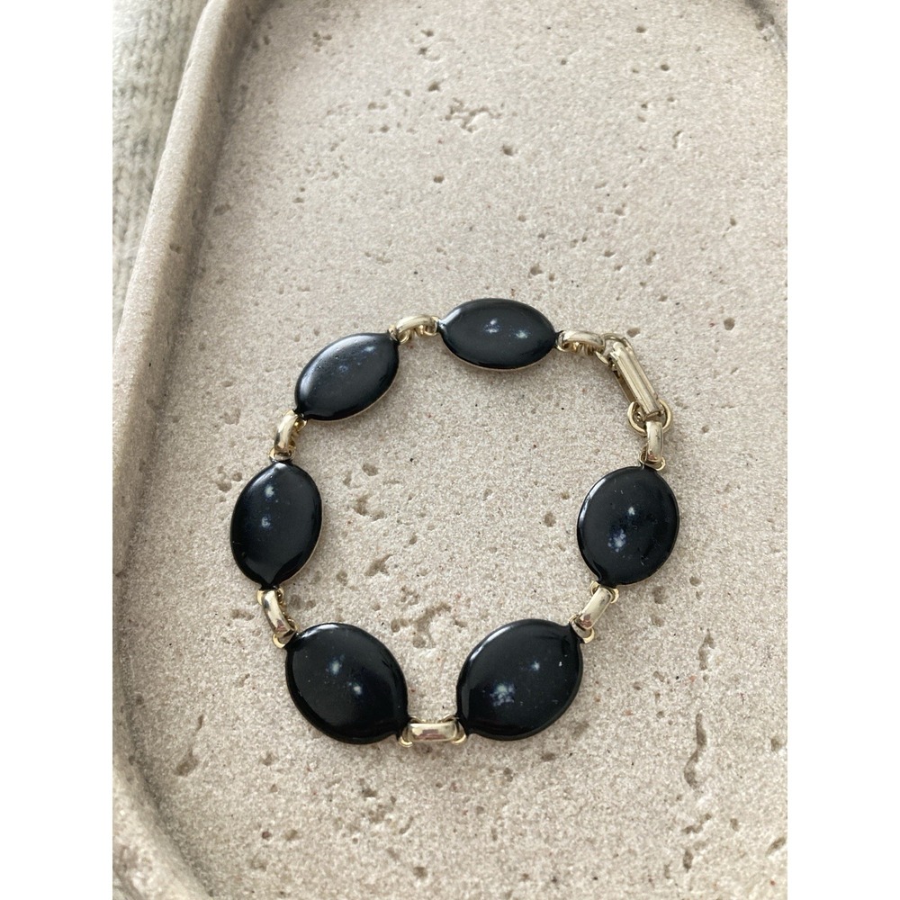 Vintage Gold Tone Black Oval Link Bracelet Reversible Sunburst‎ Panel Glam